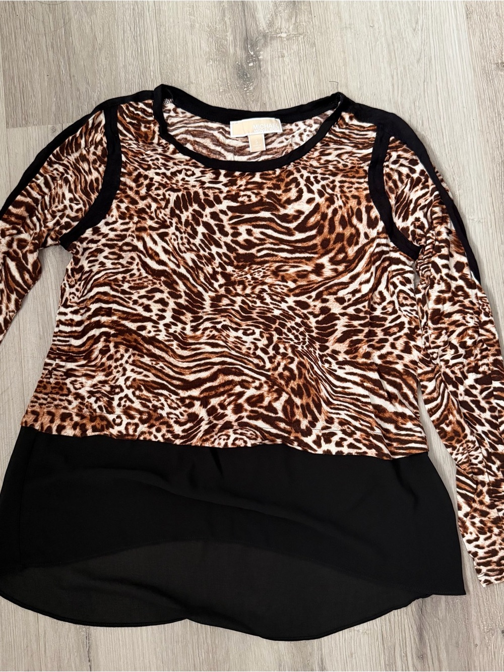 Michael Kors Brown Animal Print Long Sleeve Top with Black Hem